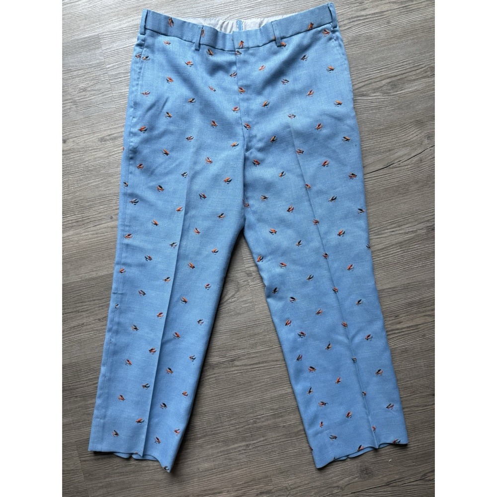 VTG Chipp New York Trousers Mens 34x27+ Blue Embroidered Trout Fly Fishing Lures